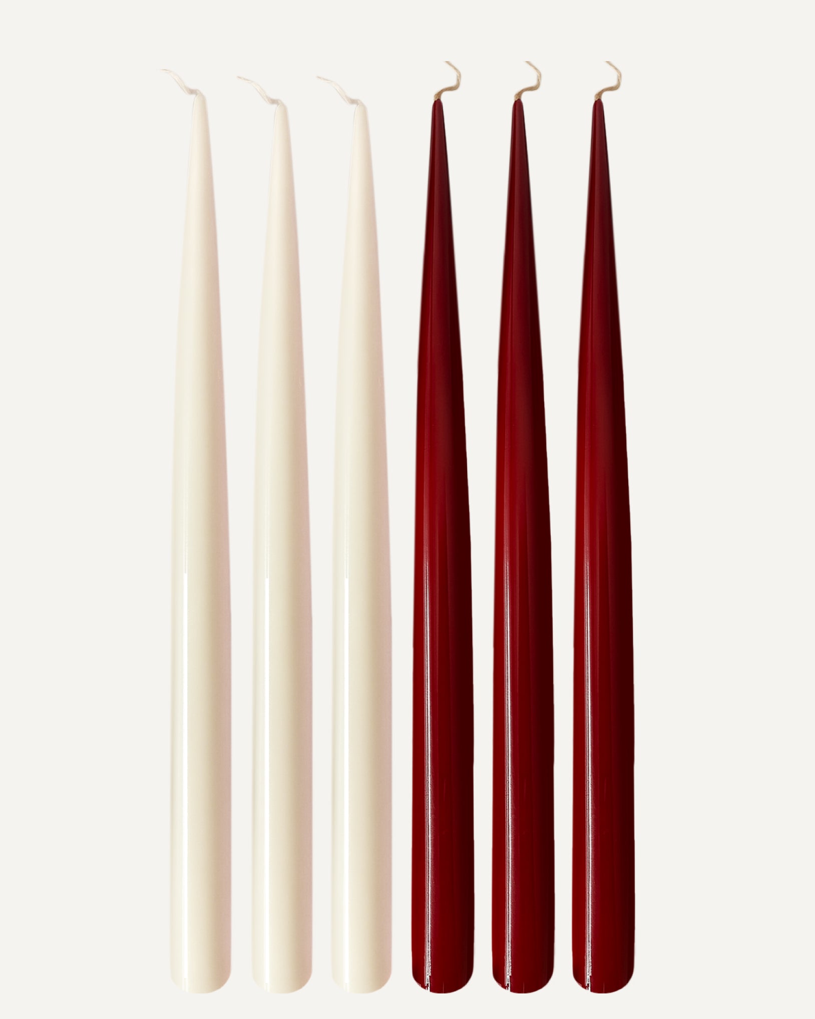 Soft Balance l Soft Ivory & Deep Burgundy l Set of 6 taper candles